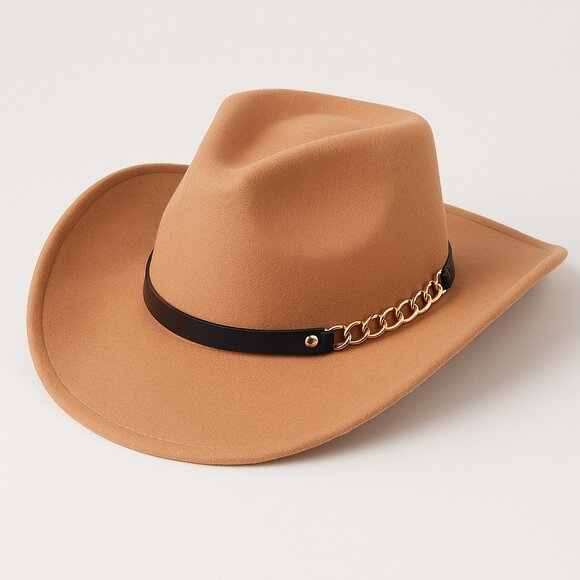 Light Brown Western Cowboy Hat Wide Brim Fedora Style w/ Chain Band Men & Women - Picture 1 of 3